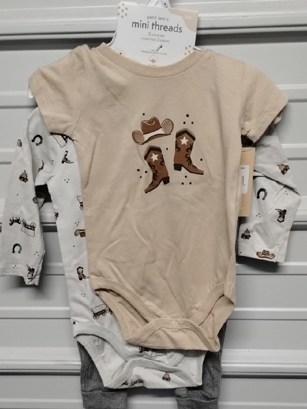 petit lem Mini Threads Beige Cowboy One-Piece - 3 Pack